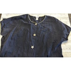 Vintage AVON Style Black Gold Trim Starfish Short Sleeve Shirt Dress Midi SMALL